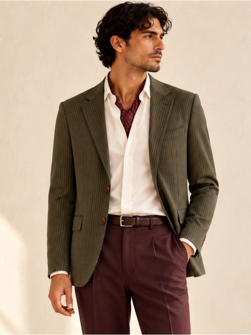 Matinique Tailored Olive Green Pinstripe Cotton Blazer Quiet Luxury Size 44R